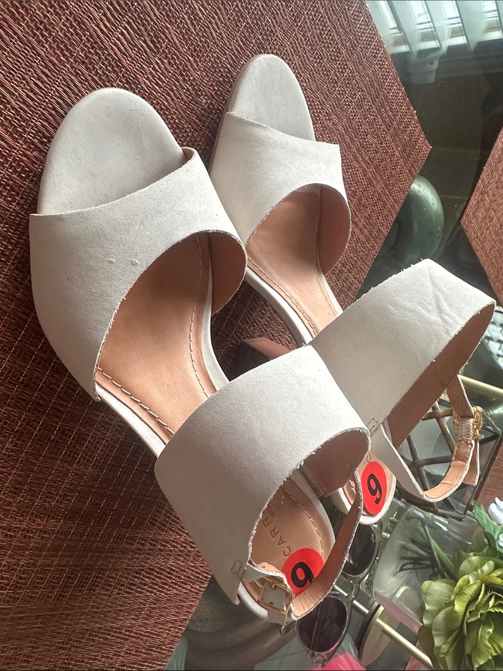 Women’s Open Band Block Heel Sandals in Light Beige